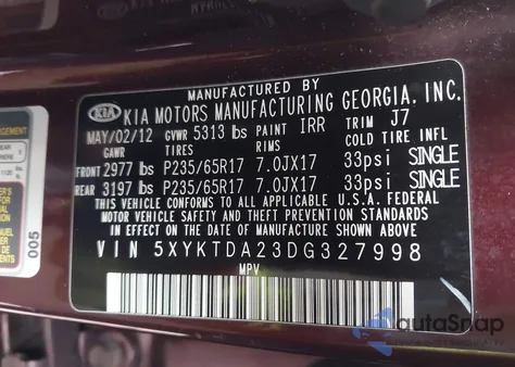 2013 Kia Sorento Lx V6 from USA, damaged, VIN 5XYKTDA23DG327998